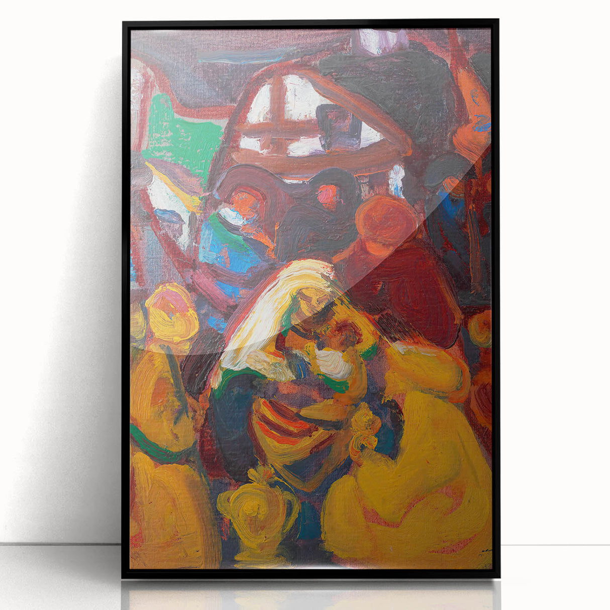 Large abstract wall art featuring mid-century modernist design in muted earth tones, framed in black acrylic.