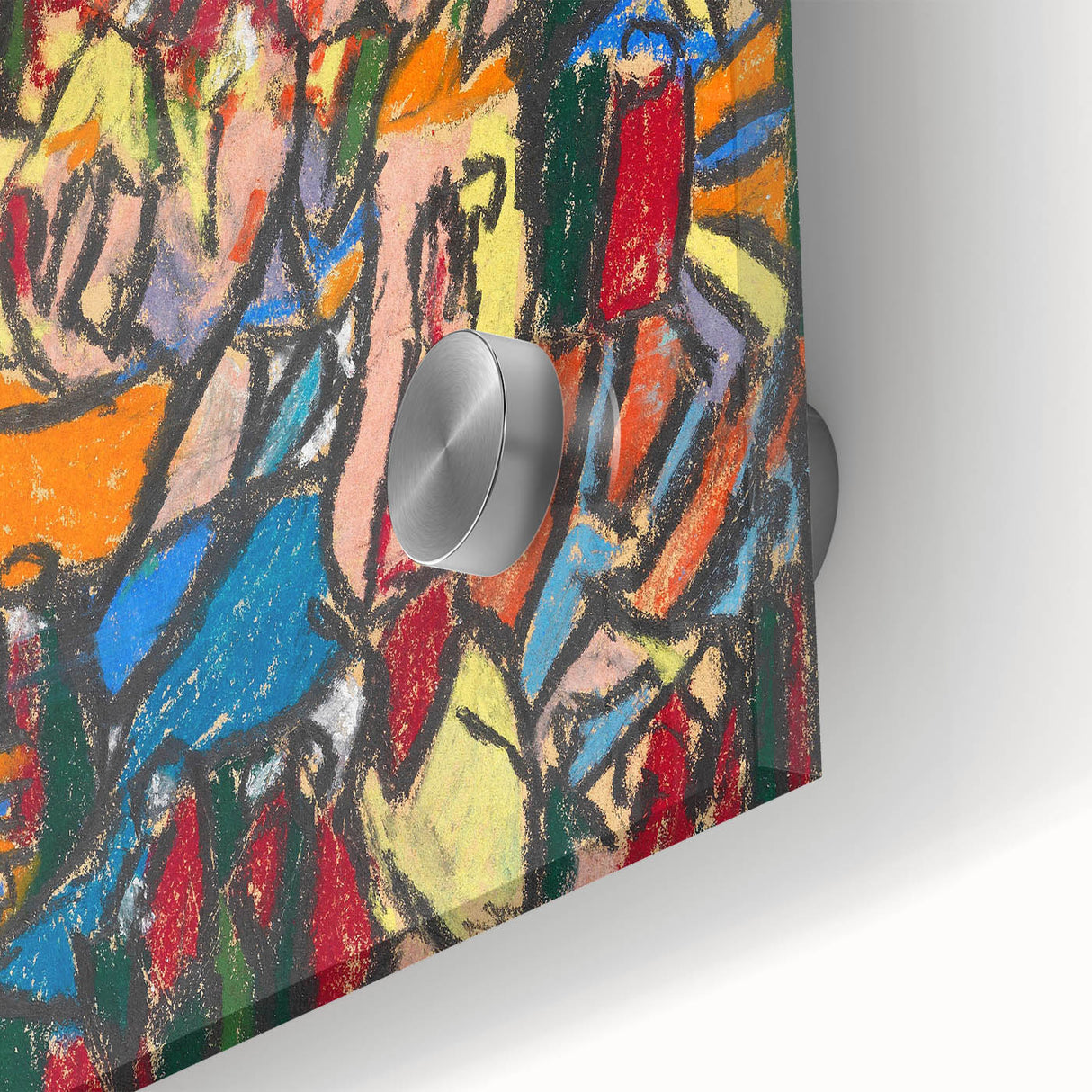 Mid-century modernist large abstract art print in muted earth tones on acrylic glass, suitable for dining room decor.