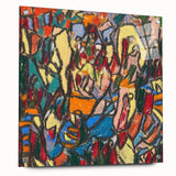 Large abstract wall art by Adolf Holzel in muted tones on acrylic glass, suitable for bedroom or dining room decor.