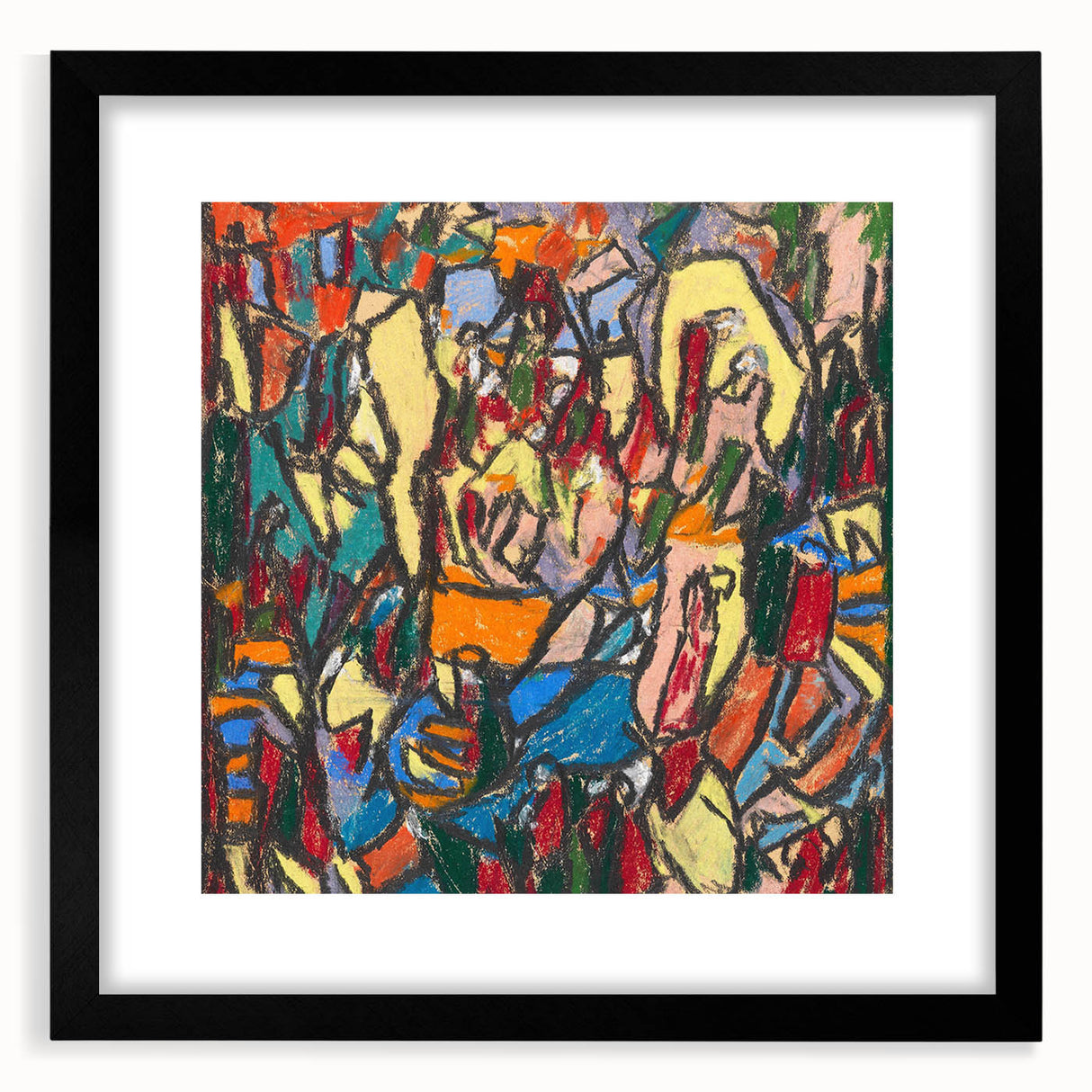 Colorful abstract art print featuring vibrant, textured brushstrokes on a large black-framed canvas.