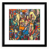 Colorful abstract art print featuring vibrant, textured brushstrokes on a large black-framed canvas.