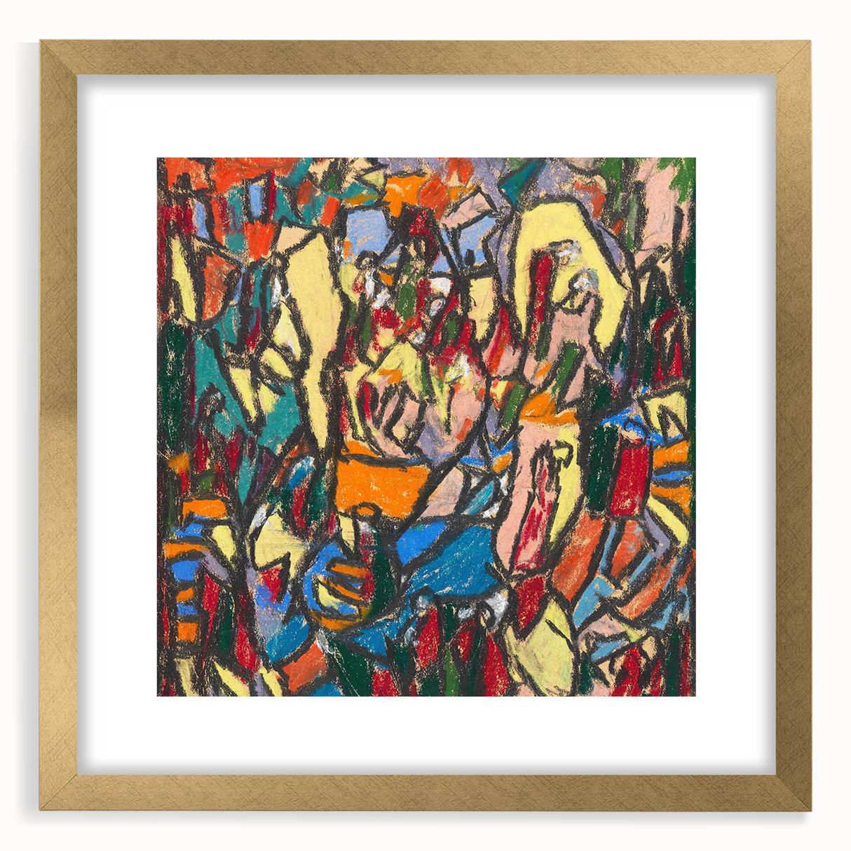 Extra large abstract art print featuring textured designs in gold and blue tones on a framed canvas.