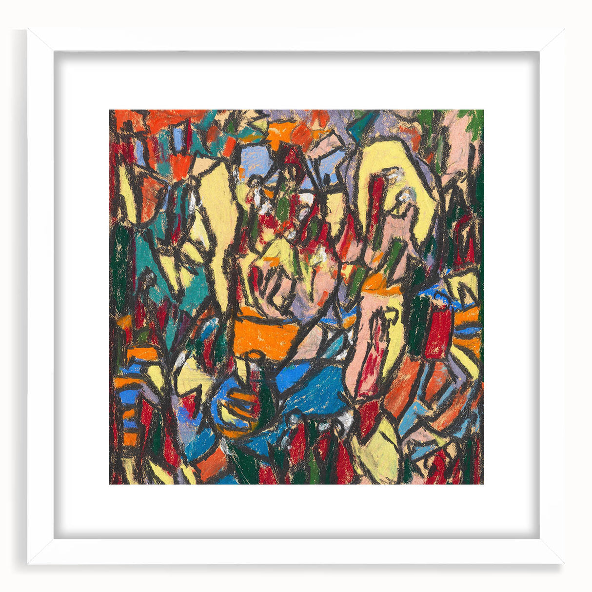 Abstract art print featuring geometric shapes in muted blues and grays on a white framed canvas.