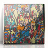 Mid-century modernist art featuring abstract shapes in pastel colors on a silver-framed acrylic, ideal for nursery wall art.