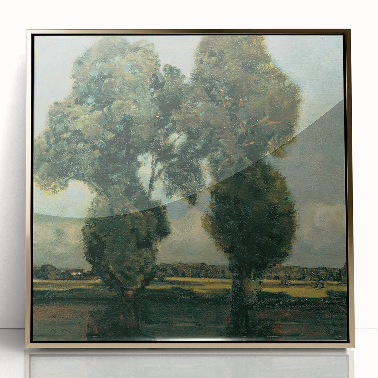 Large art print of a mid-century modernist design by Adolf Holzel in muted gold and white, acrylic framed.