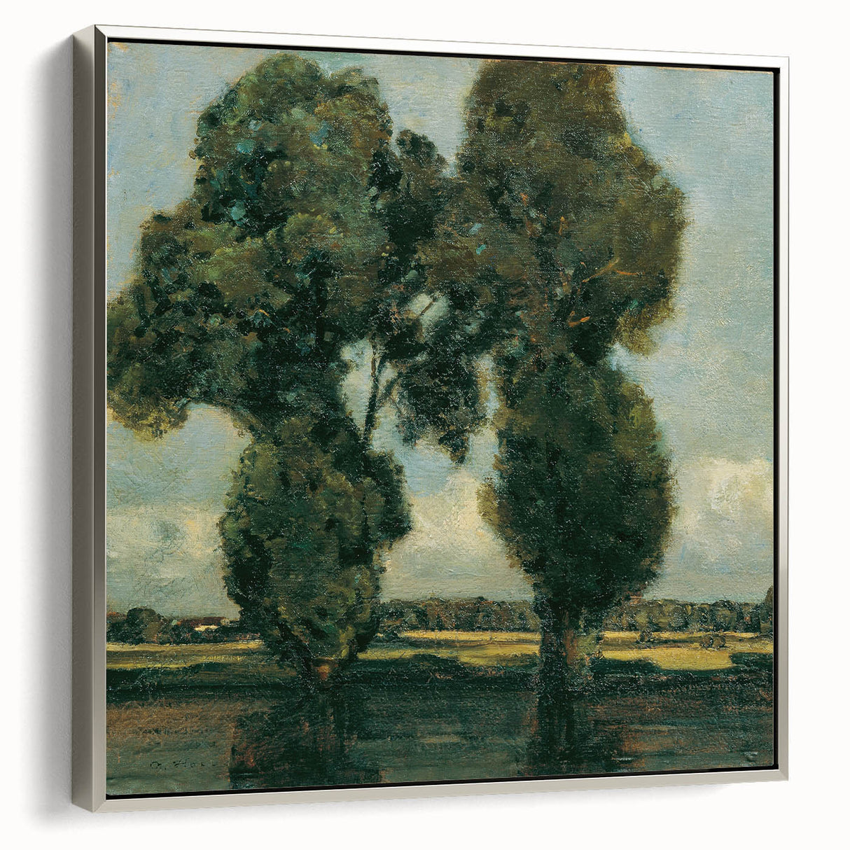 Landscape art painting featuring a vintage poster style with a colorful abstract design on a black background, framed canvas.
