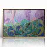 Mid-century modernist art print in muted gold and blue tones, framed acrylic, ideal for nursery wall decor.