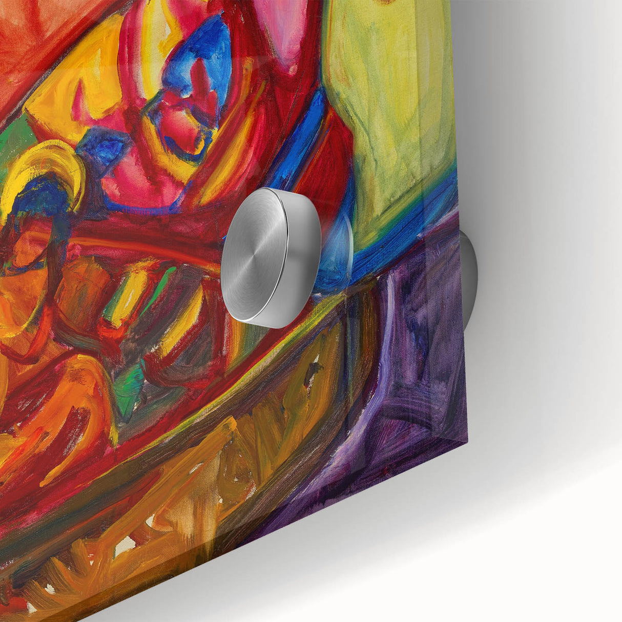 Large abstract wall art in mid-century modernist style, featuring muted earth tones on acrylic glass.