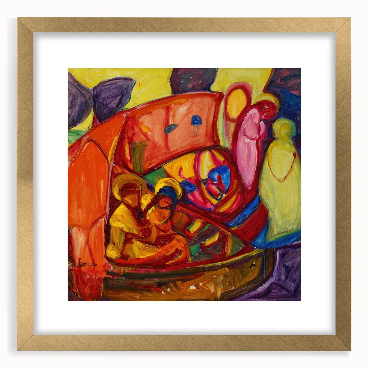 Extra large abstract art print featuring textured swirls in muted earth tones, framed in gold, ideal for living room decor.