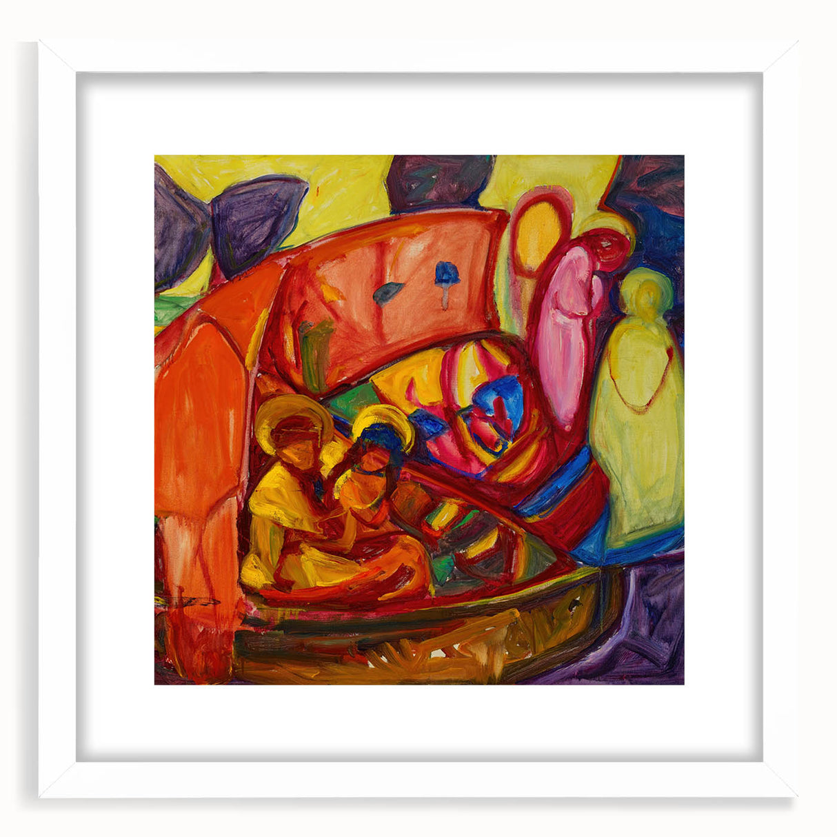 Abstract art print featuring geometric shapes in muted earth tones, framed in white.