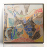 Large art print of Adolf Holzel's abstract design in gold frame, featuring mid-century modernist style.