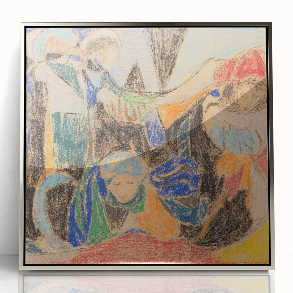 Mid-century modernist art featuring geometric shapes in muted earth tones on a framed acrylic.