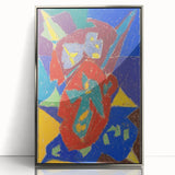 Mid-century modernist art deco poster in silver frame, featuring abstract design in muted tones, ideal for nursery wall art.