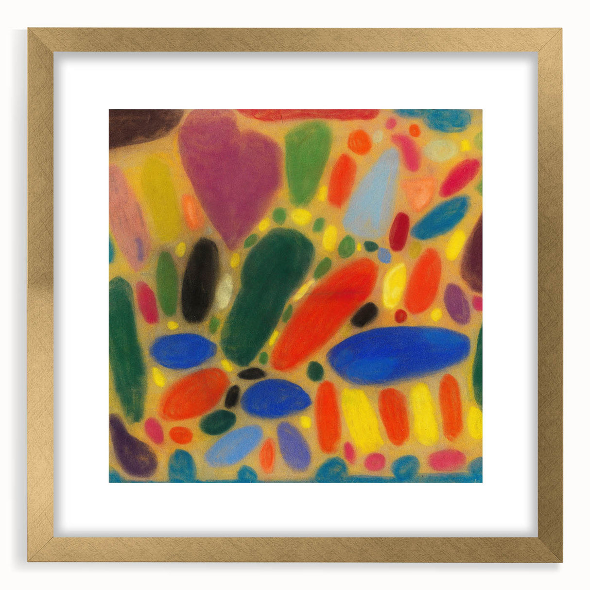 Extra large abstract art print in gold frame, featuring dynamic, textured swirls in muted earth tones.