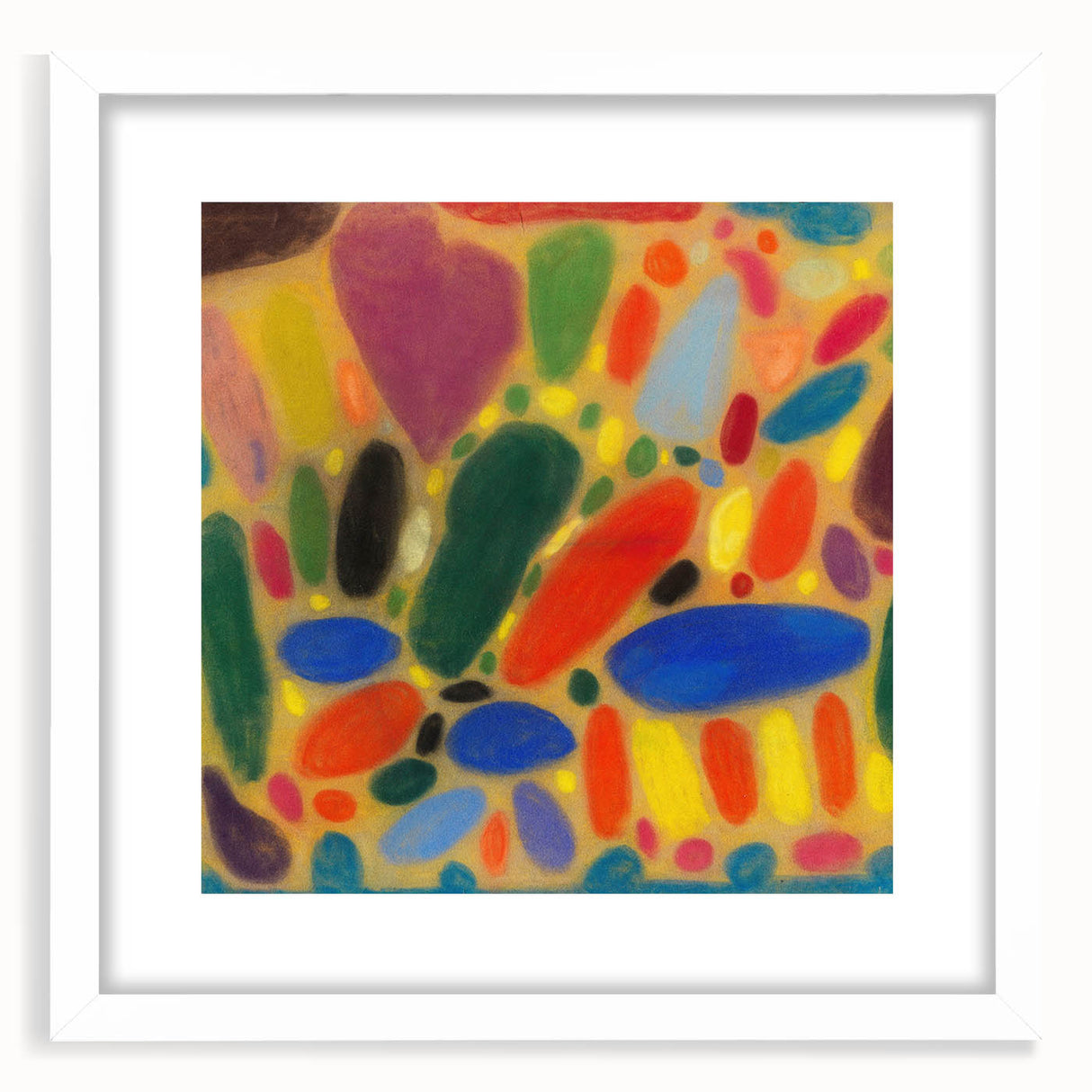 Abstract art print featuring geometric shapes in muted tones on a white framed canvas.