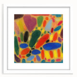 Abstract art print featuring geometric shapes in muted tones on a white framed canvas.