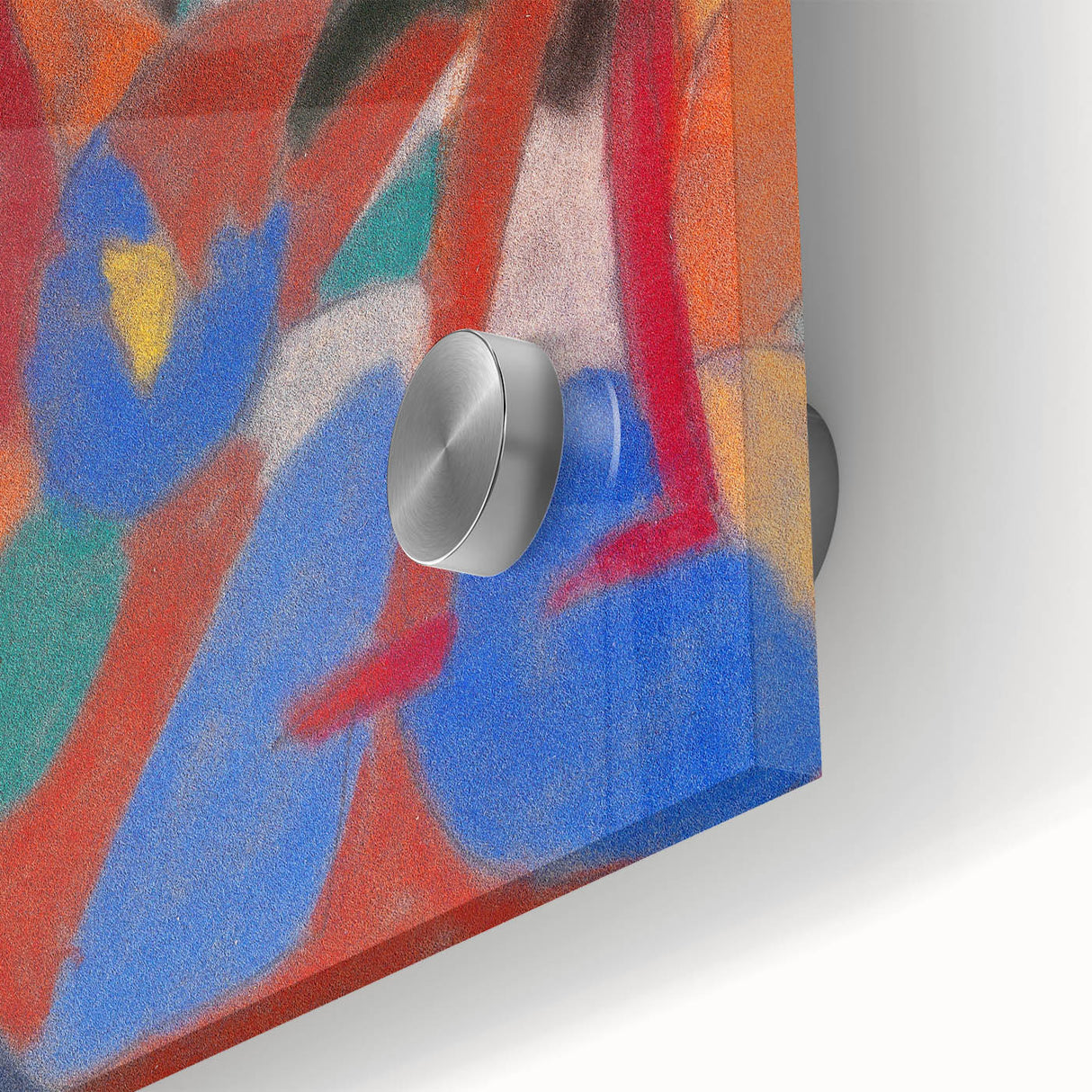 Large abstract wall art in mid-century modernist style, featuring bold blue and orange tones on acrylic glass.