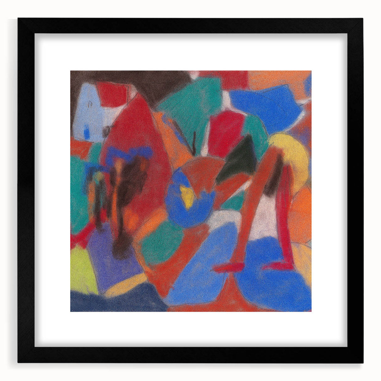 Extra large abstract art print featuring textured, colorful swirls on a black-framed canvas, ideal for living room decor.