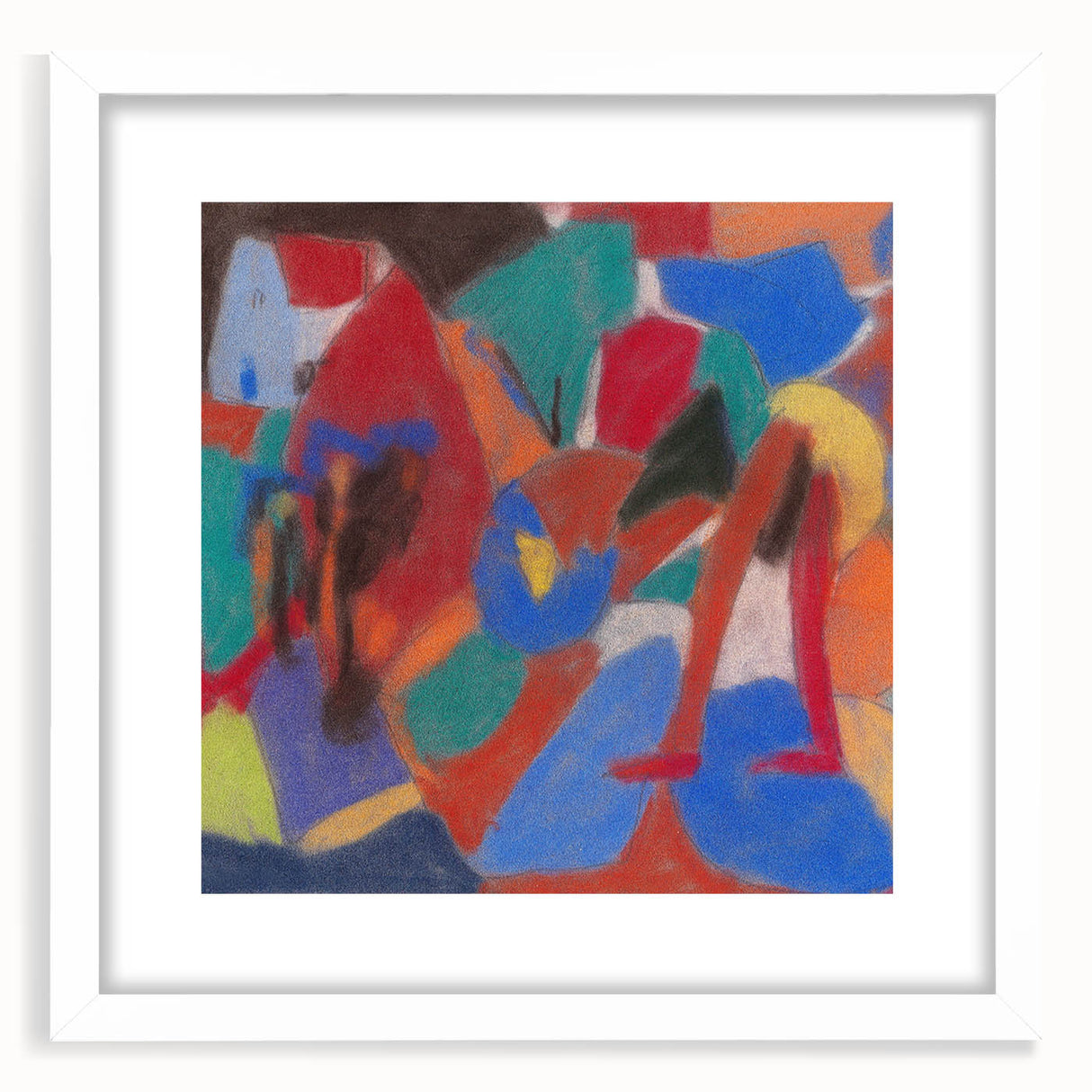 Abstract art print by Adolf Holzel featuring geometric shapes in vibrant primary colors on a white framed canvas.