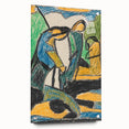 Large abstract wall art on acrylic glass featuring asymmetric patterns in bold colors.