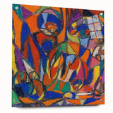 Large abstract wall art on acrylic glass depicting vibrant geometric shapes, ideal for modern bedroom or dining room decor.