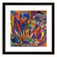 Extra large abstract art print with vibrant, textured colors on a black framed canvas, ideal for living room decor.