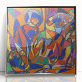 Mid-century modernist art by Adolf Holzel with abstract shapes in muted colors on a silver-framed acrylic.