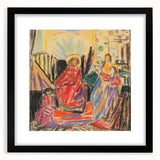 Extra large, textured abstract art print featuring vibrant, colorful shapes on a black framed canvas.
