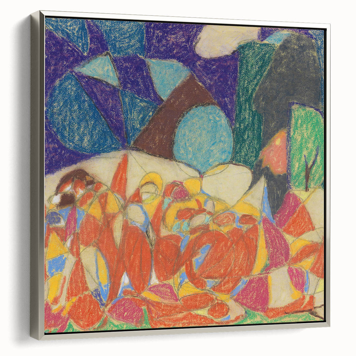 Framed canvas of a vintage landscape art painting featuring colorful abstract shapes on a black background.
