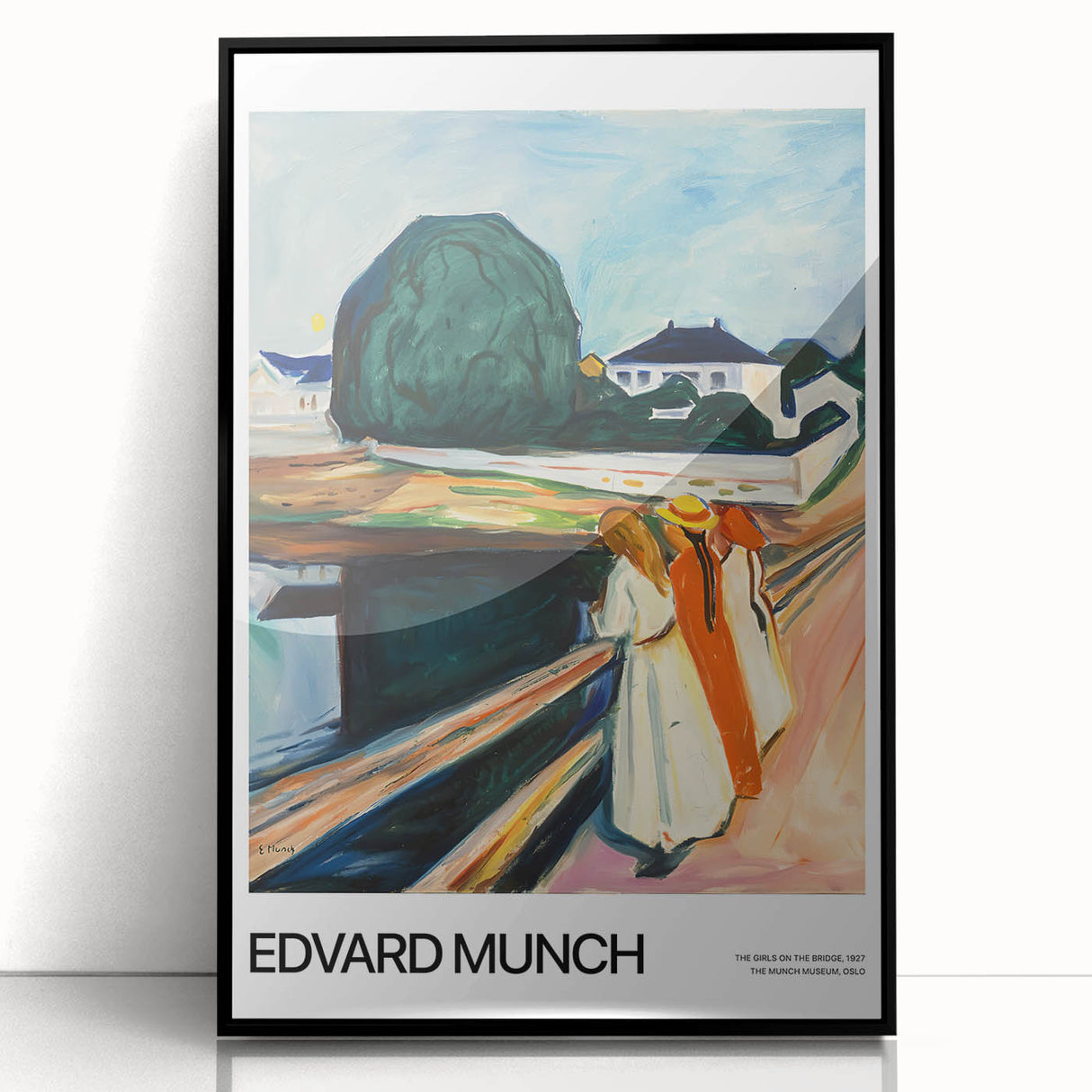 Acrylic print of Edvard Munch's design featuring abstract figures in muted colors, framed in black.