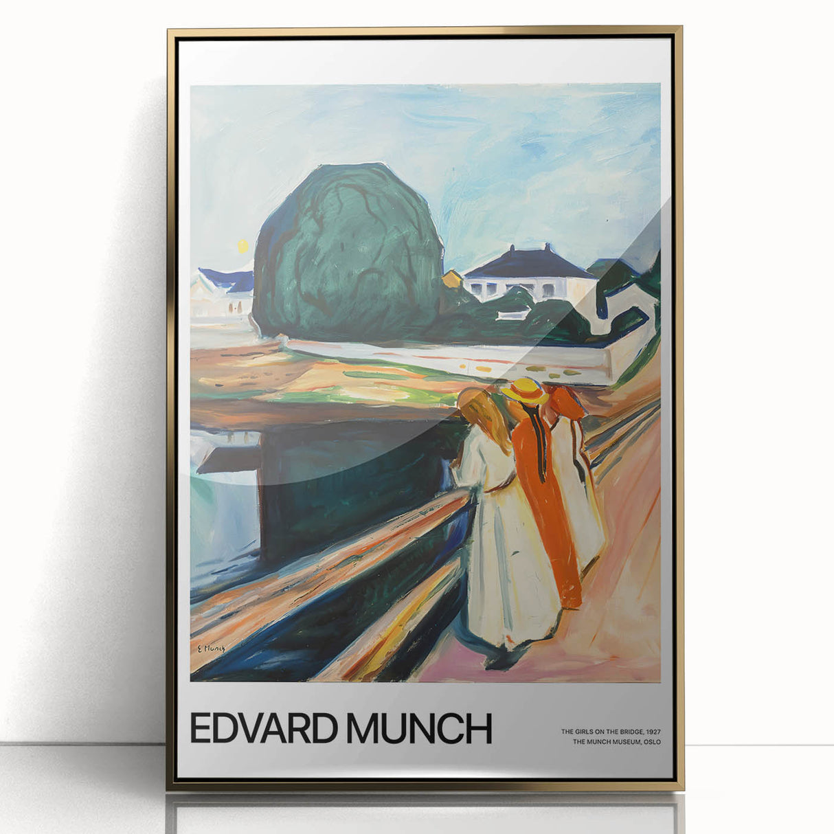 Large abstract wall art in mid-century modernist style, featuring bold red and blue accents on a gold-framed acrylic print.