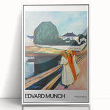 Mid-century modernist art featuring abstract shapes in muted tones on a framed acrylic, ideal for nursery wall decor.