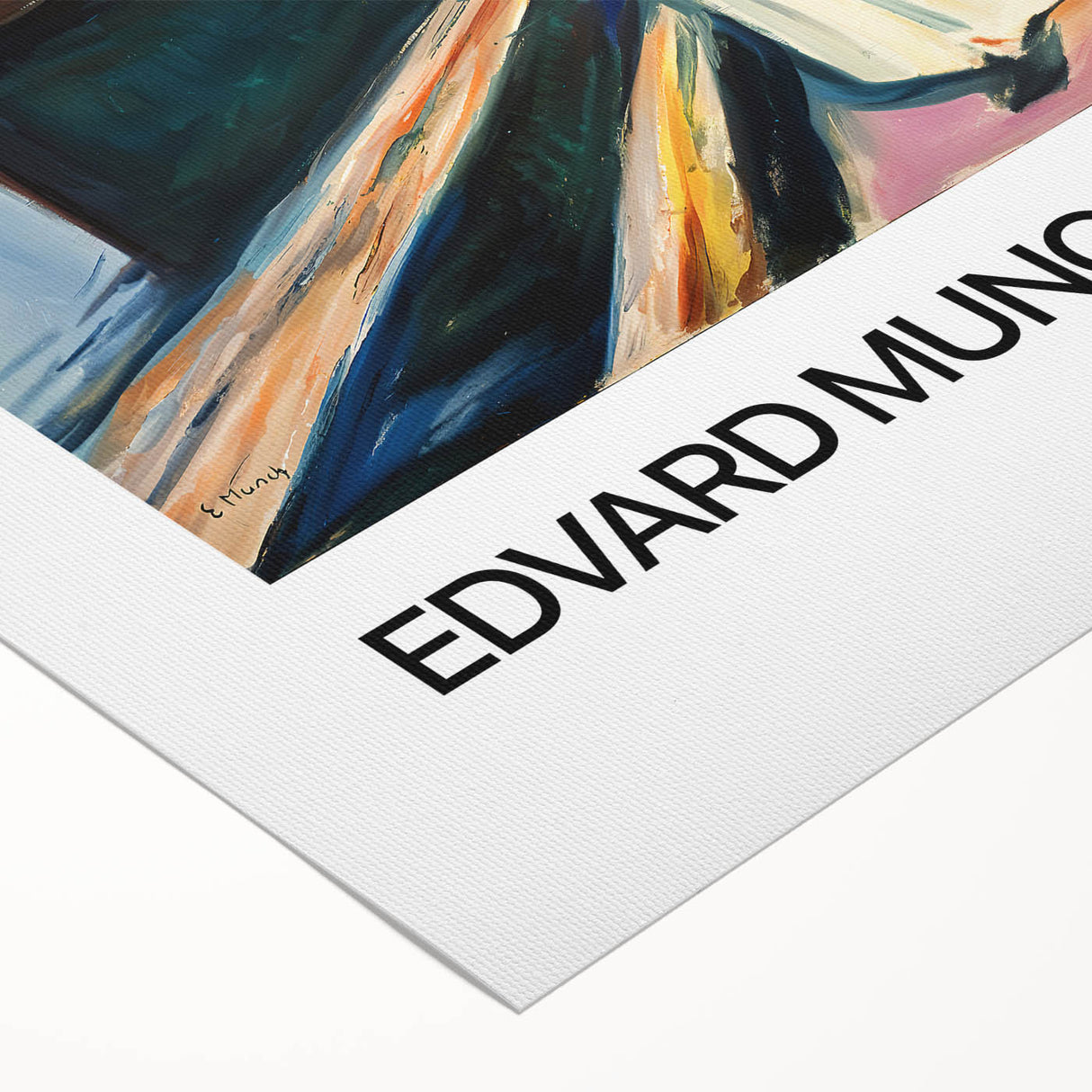 Art Deco poster featuring geometric shapes in muted blue and gold on a rolled canvas.