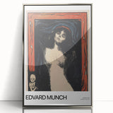 Mid-century modernist art featuring an abstract design in muted colors on a silver-framed acrylic.