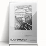 Art deco poster featuring a minimalist Edvard Munch design in monochrome on a framed acrylic.