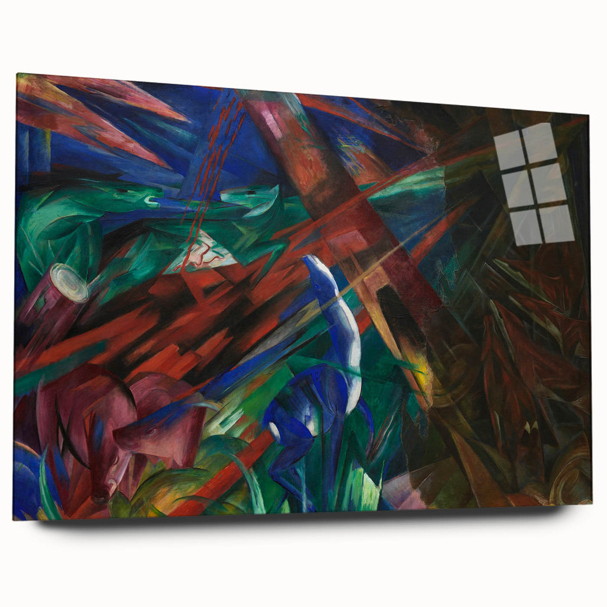 Large abstract wall art by Franz Marc in muted blues and greens on acrylic glass, ideal for bedroom or dining room decor.