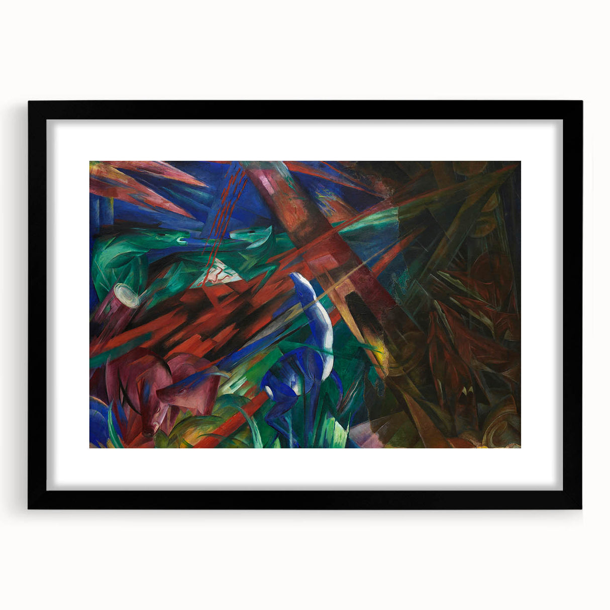 Extra large abstract art print featuring vibrant, colorful textures on a black framed canvas, ideal for living room decor.