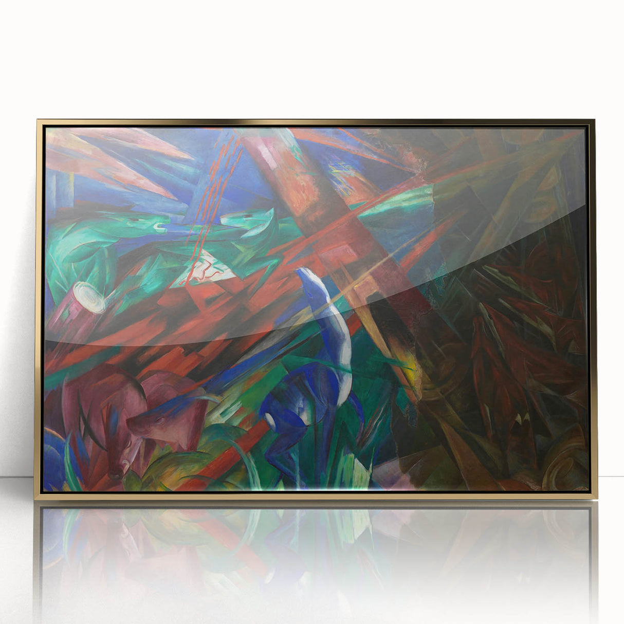 Large art print of a Franz Marc-inspired abstract design in bold colors on framed acrylic.