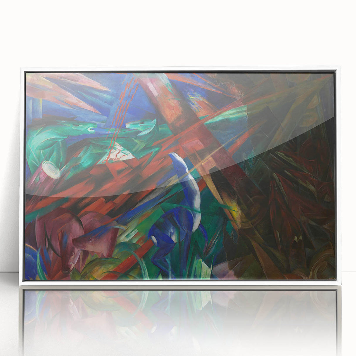 Art Deco poster featuring vibrant abstract shapes in blue and orange on a white acrylic frame, suitable for nursery wall art.