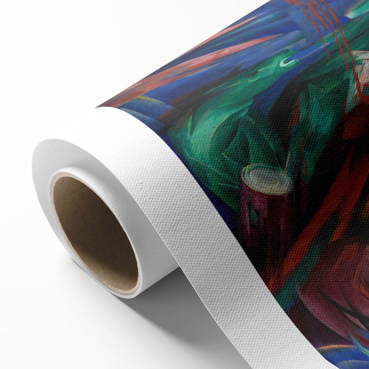 Art Deco poster featuring vibrant animal figures in bold colors on rolled canvas, ideal for nursery wall art.