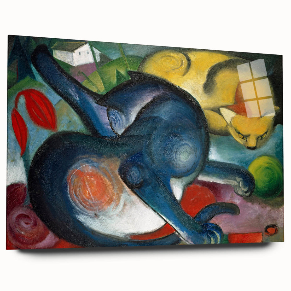 Large abstract wall art featuring vibrant hues and organic shapes, acrylic print, ideal for bedroom or dining room decor.