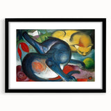 Extra large abstract art print featuring vibrant, colorful shapes on textured canvas, framed in black.