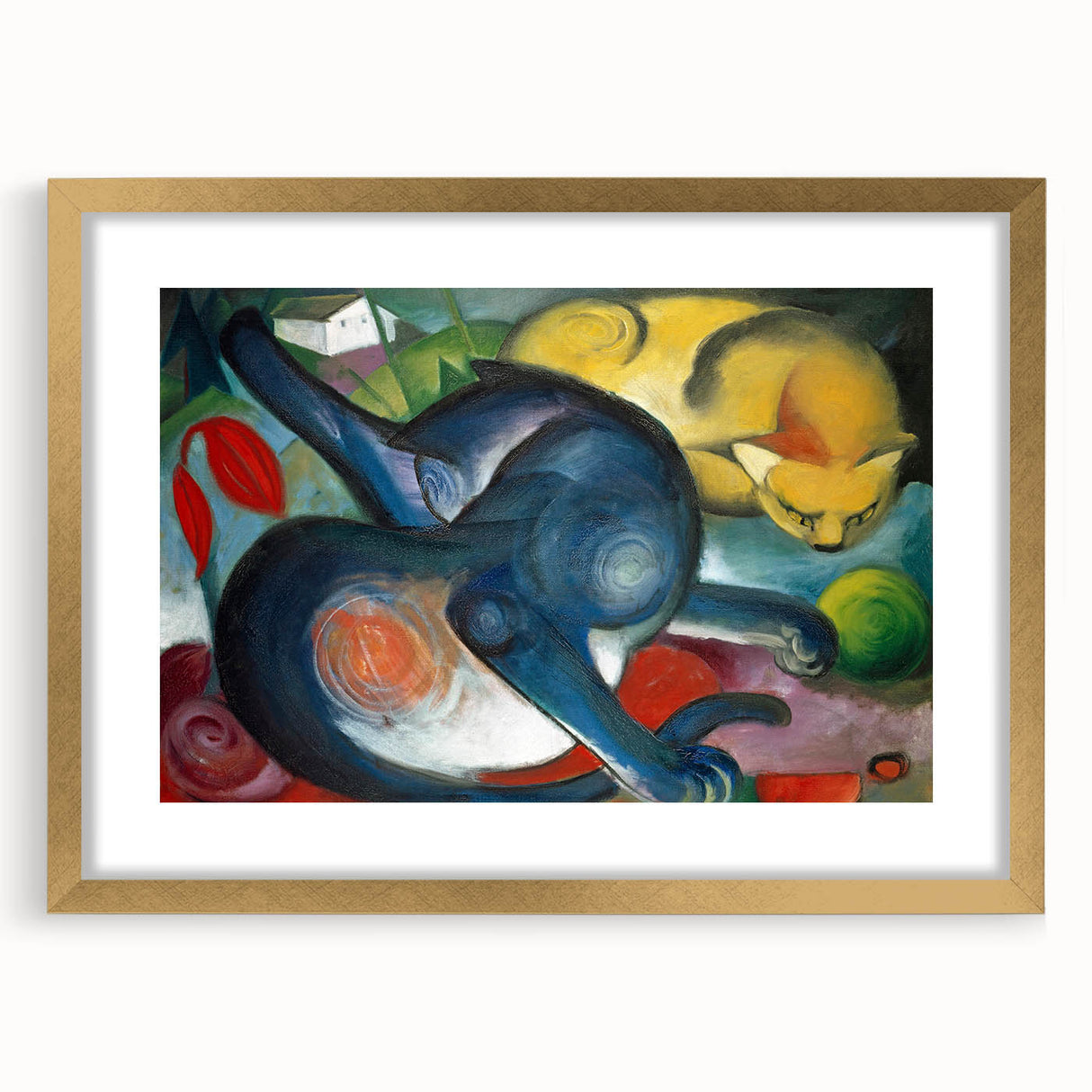 Extra large abstract art print featuring textured swirls in blue and gold, framed in gold, ideal for living room decor.
