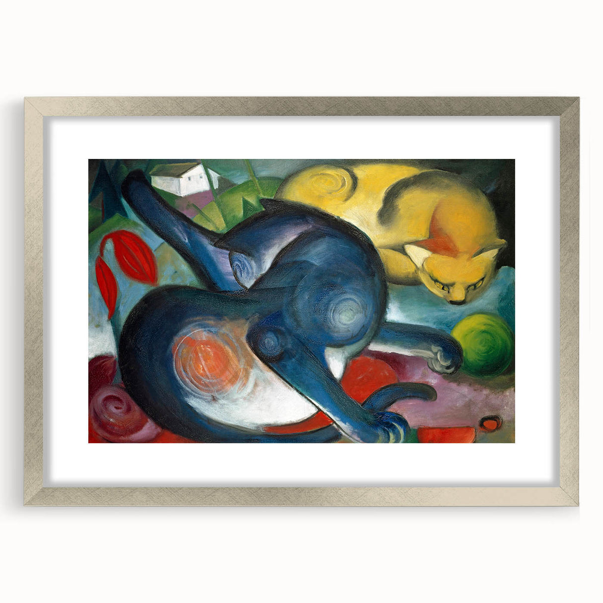 Textured abstract art print featuring swirling blue and green hues on a framed silver mat, ideal for bedroom art.