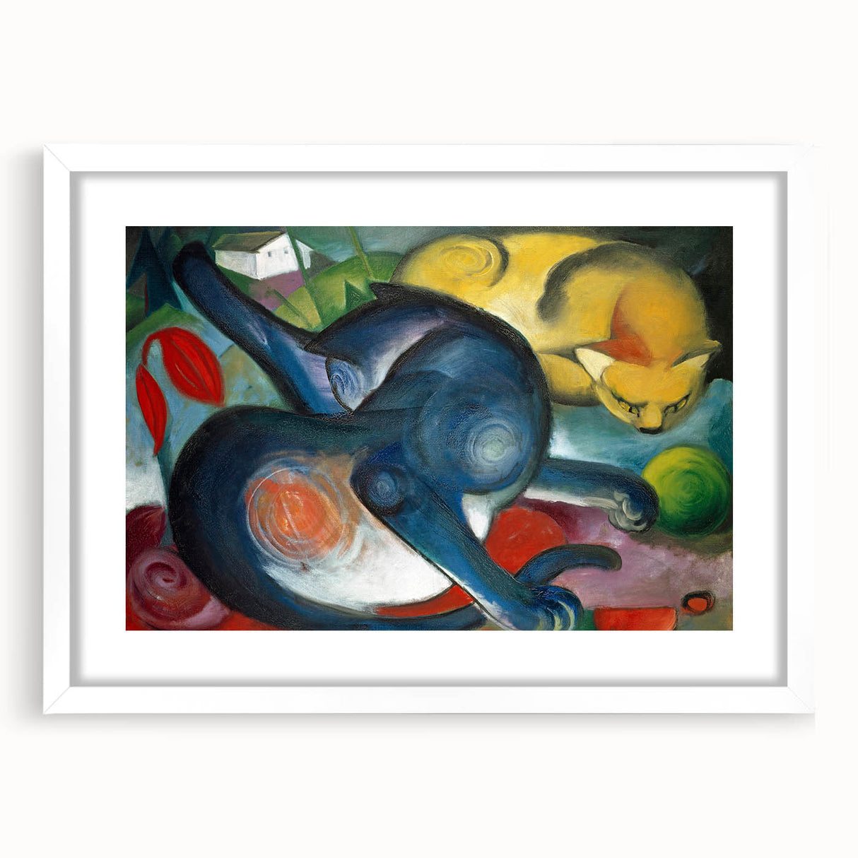 Abstract art print featuring vibrant blue and green tones on a white framed canvas, ideal for dining room decor.