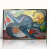 Large art print of a mid-century modernist Franz Marc design in vibrant colors on framed acrylic.