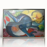 Mid-century modernist art depicting abstract forms in vibrant colors on a framed acrylic, ideal for nursery wall art.