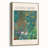 Framed canvas featuring Gustav Klimt's landscape painting in gold and black tones, ideal for bedroom wall art.