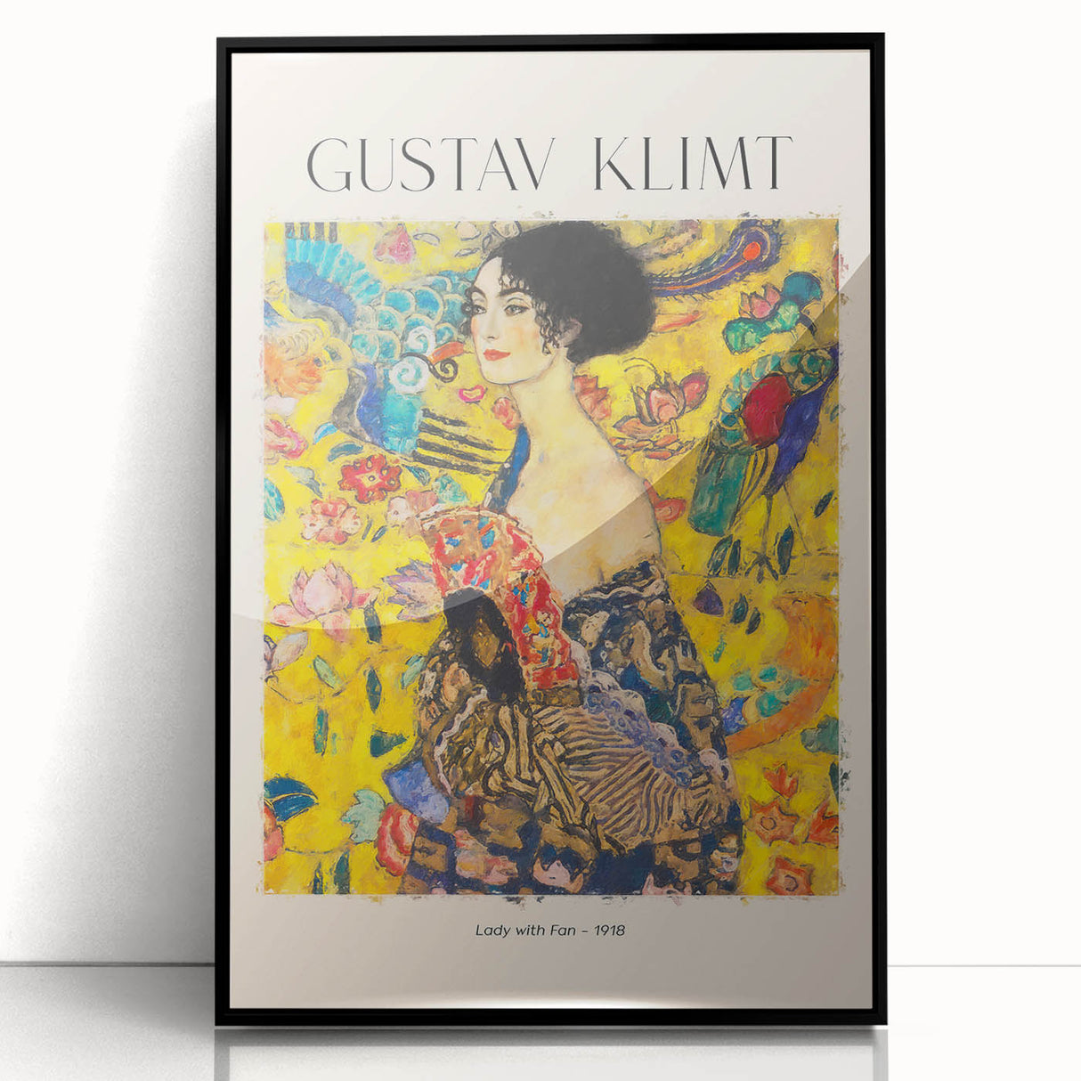 Large abstract wall art featuring mid-century modernist style in vibrant gold and black hues, framed in acrylic.