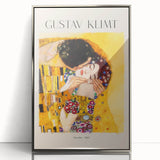 Mid-century modernist art by Gustav Klimt featuring geometric patterns in gold and silver tones on a framed acrylic.